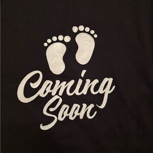 Maternity.  Black T-Shirt with White 'Coming Soon' Design